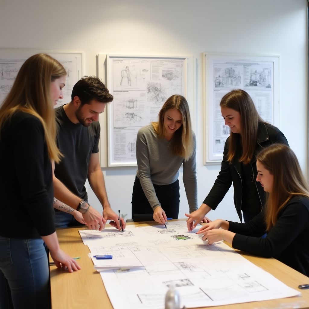 Equipo de profesores y estudiantes trabajando en proyectos de diseño